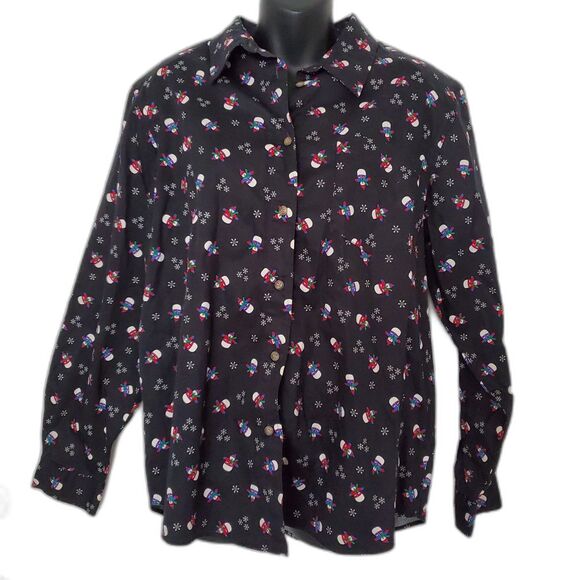 Vintage Karen Scott Snowman Print Christmas Button-Down Black Shirt Sz L Holiday - Picture 4 of 10